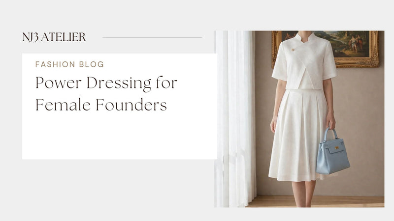"Female founder wearing structured blazer and sophisticated dress for power dressing"