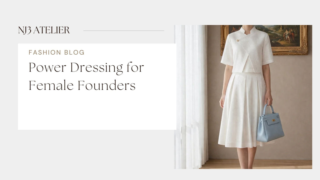 "Female founder wearing structured blazer and sophisticated dress for power dressing"
