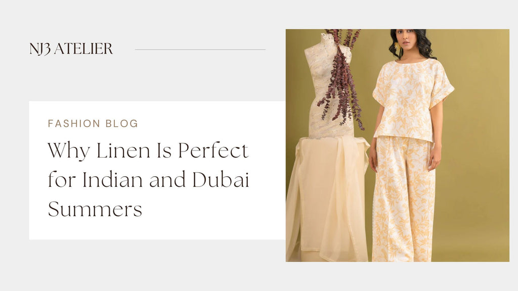 Woman wearing premium linen dress in soft beige - breathable and comfortable linen fabric perfect for hot Indian and Dubai summers