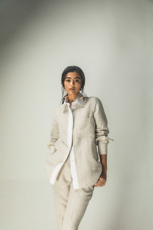 Beige full-sleeve organic linen shirt with lace-detailed placket and collar, handcrafted luxury womenswear by NJ3 Atelier