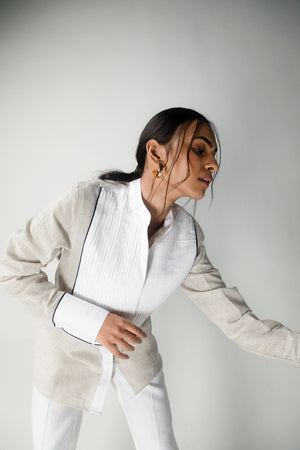 Beige and white organic linen shirt with lace-detailed placket, full sleeves, pleated yoke, and natural style, handcrafted luxury