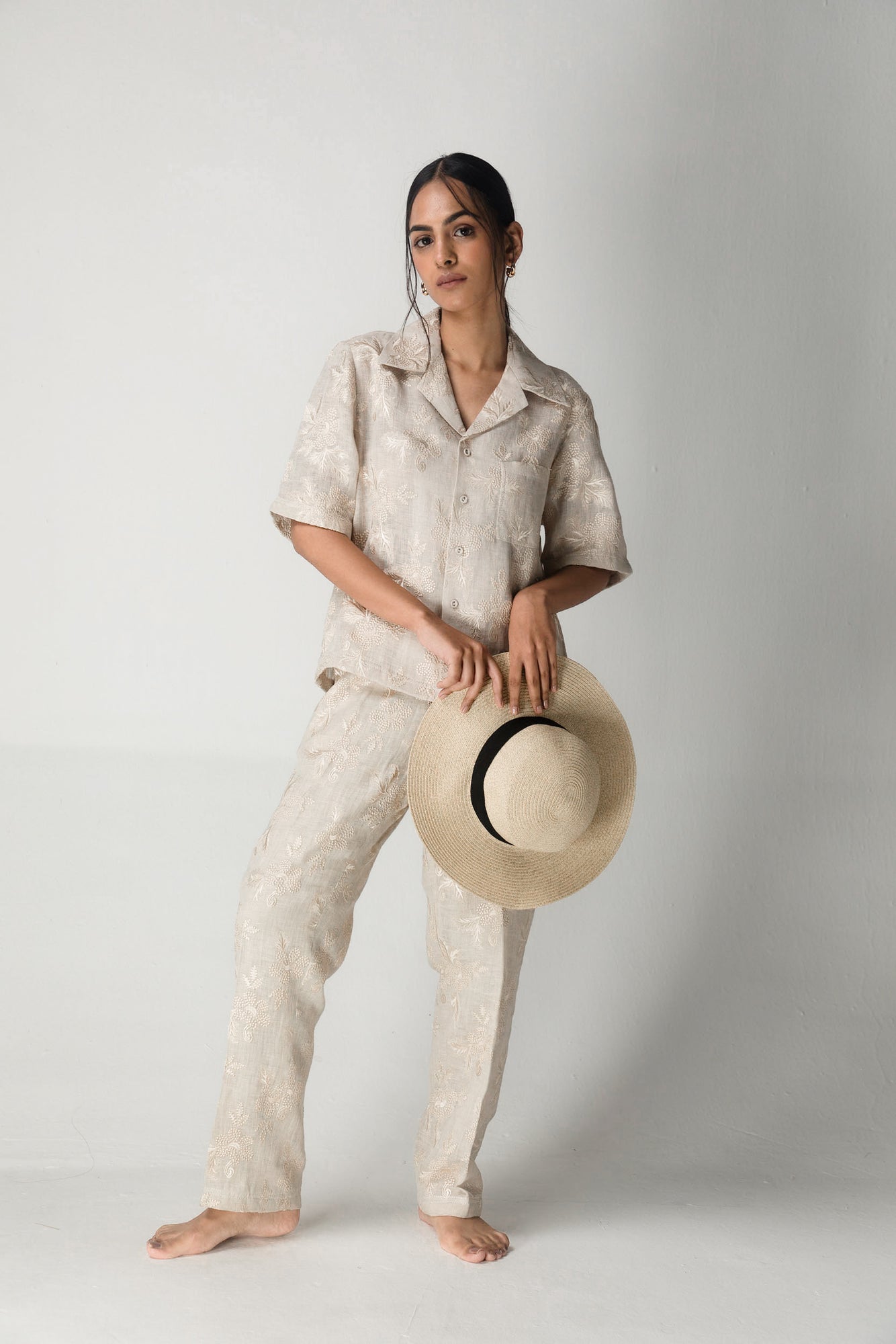 Beige silk jacquard co-ord set with broad straps, fitted neckline, and a-line silhouette; handcrafted luxury womenswear for summer