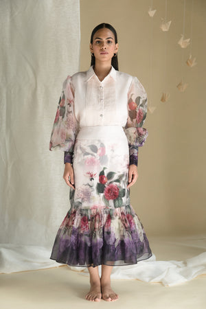 Elegant silk organza shirt with pleated front, ball sleeves, and self-fabric buttons in off-white, purple, violet, and beige hues
