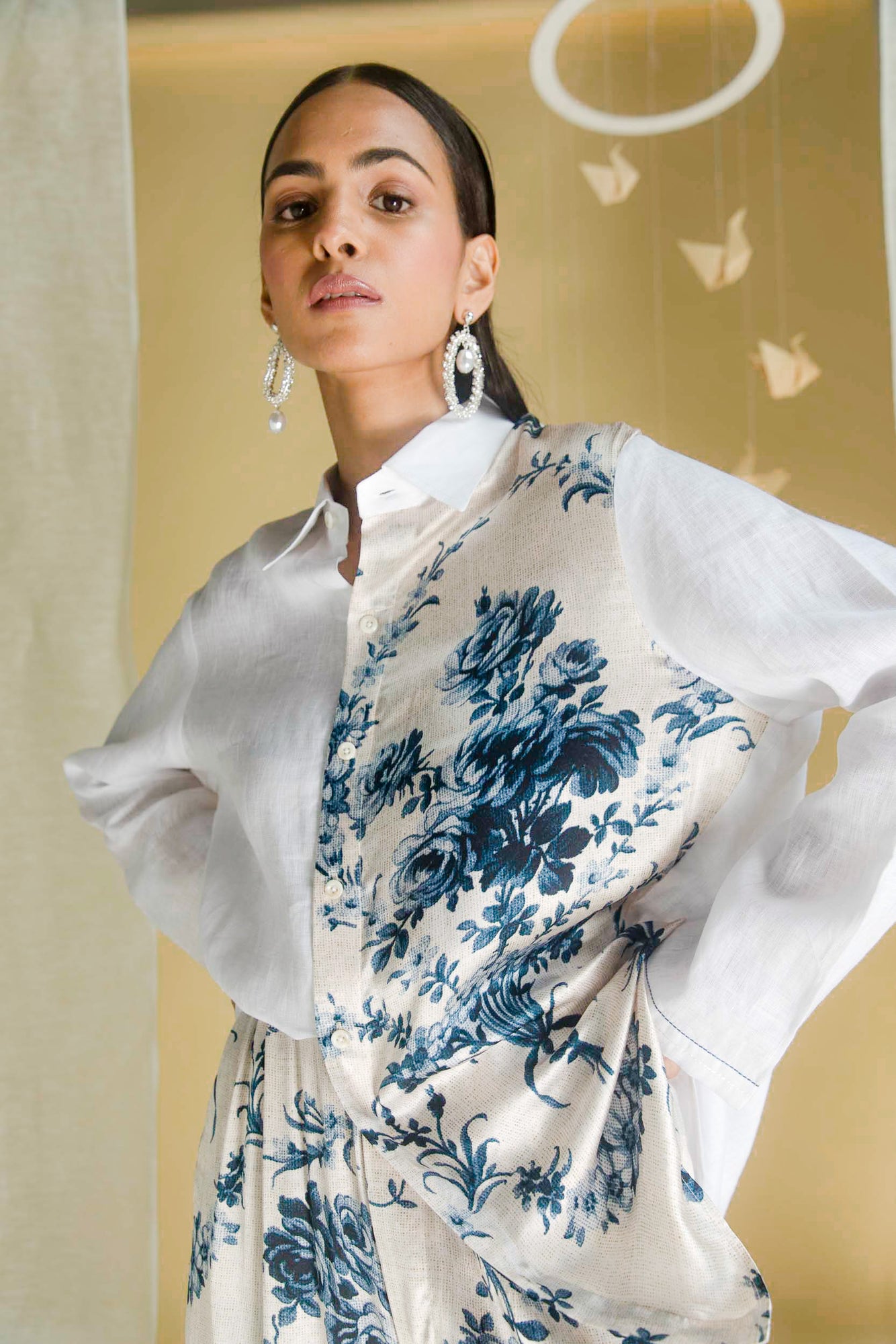 Blue and white co-ord set in pure Samo silk and Italian linen, featuring intricate lace details and a chic, natural silhouette