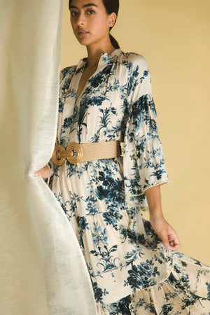 Luxurious flutter sleeve midi dress in pure Samo silk, featuring personalized floral prints in white, blue, and printed patterns