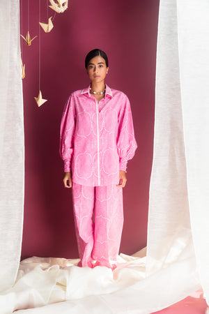 Luxurious pink cotton cambric co-ord set with peasant sleeves, loose fit, and artisan craftsmanship, perfect for elegant summer wear