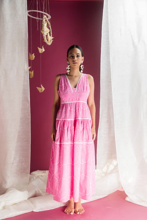 Elegant pink cotton cambric dress with a V-neck bustier, sleeveless design, and ankle-length straight silhouette, perfect for luxury womenswear