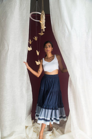 Elegantly gathered denim skirt with crystal stripes in blue and white, featuring a comfortable waist elastic; artisan-crafted luxury womenswear