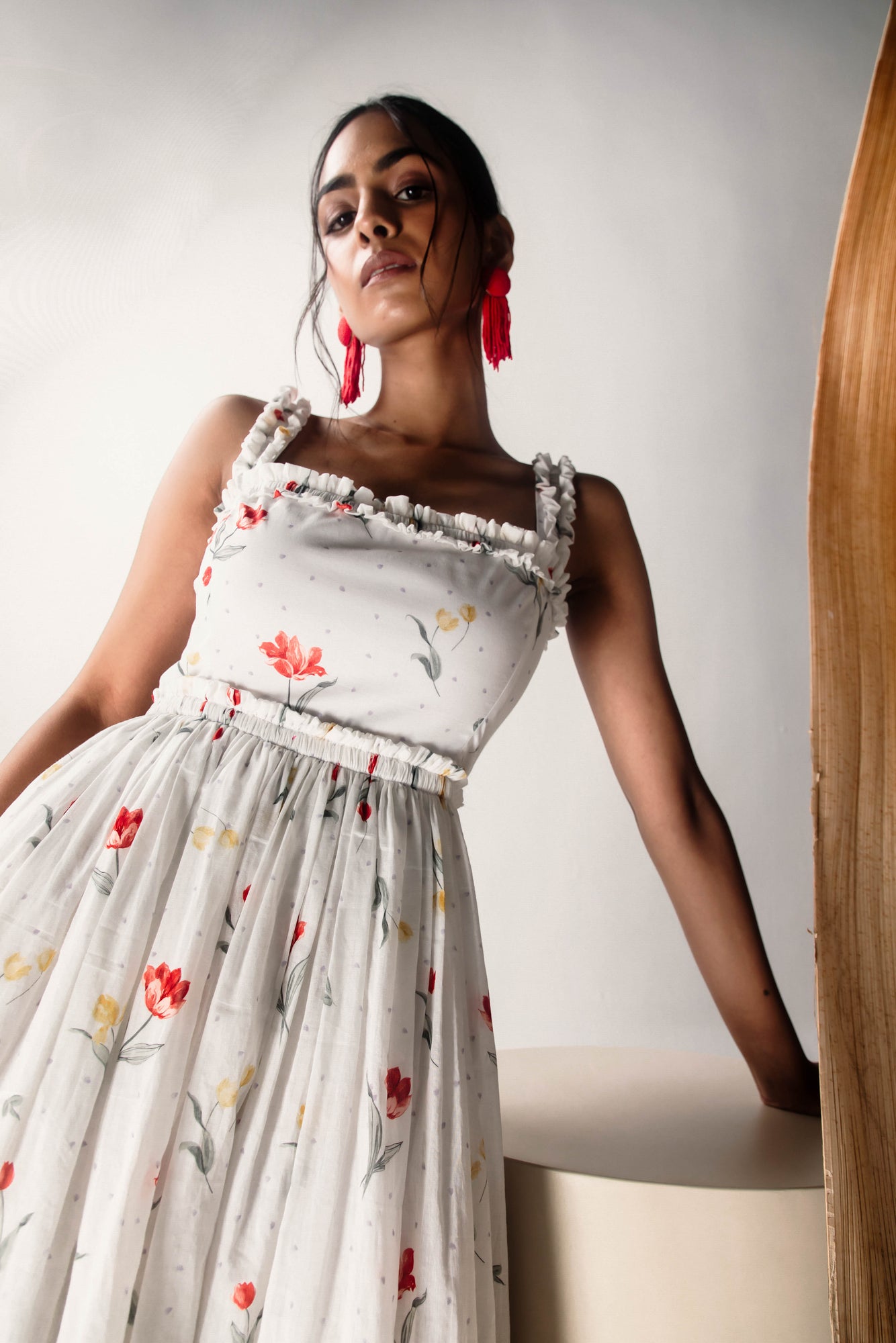 White printed cotton cambric apron dress, lightweight and luxurious, handcrafted for elegance, perfect for upscale occasions