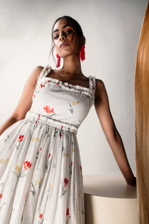 White printed cotton cambric apron dress, lightweight and luxurious, handcrafted for elegance, perfect for upscale occasions