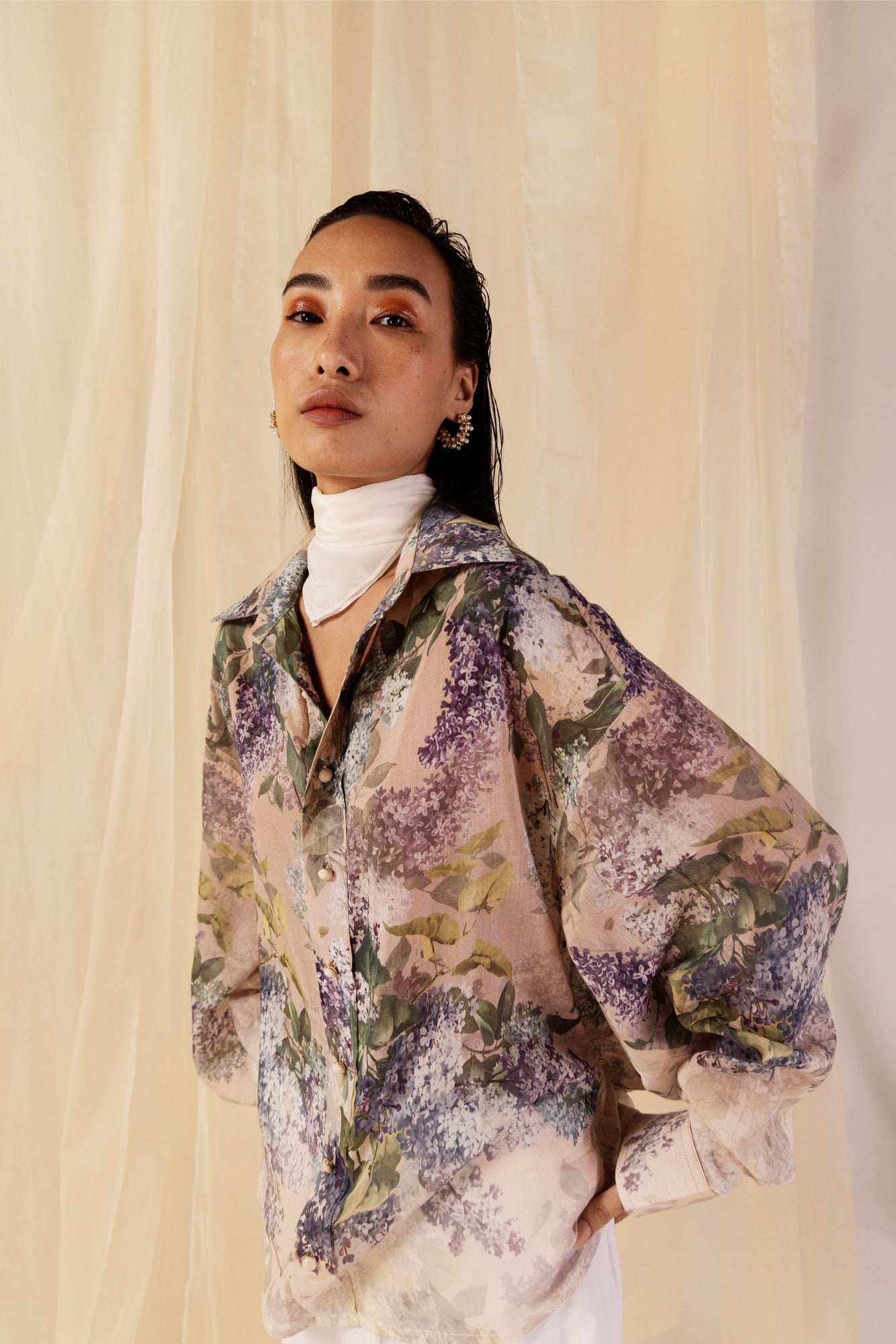 Floral stripe printed Chanderi silk shirt with pearl buttons, classic collar, and gathered waist for a refined, feminine silhouette