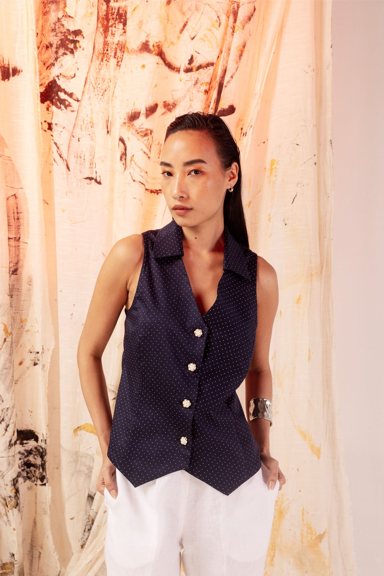 Azure Dot sateen sleeveless waistcoat with pearl buttons, featuring a normal collar, crafted from premium blue polka dot fabric