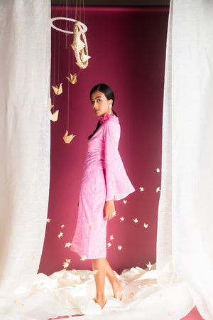 Pink cotton cambric dress with ruffled collar and bell sleeves, showcasing luxury womenswear craftsmanship and elegant design