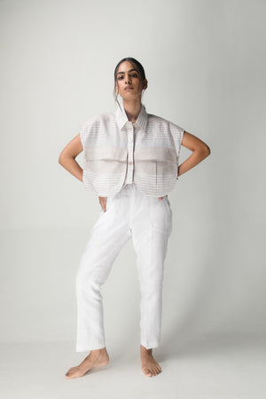 Elegant handcrafted cargo crop shirt in premium fabric, showcasing a chic silhouette and luxury womenswear style by NJ3 Atelier