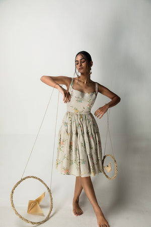 Handcrafted bone short dress in premium fabric, featuring a unique silhouette, epitomizing luxury womenswear by NJ3 Atelier