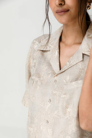 Cornsilk handloom co-ord set in premium fabric, showcasing a tailored silhouette with intricate artisan craftsmanship, epitomizing luxury womenswear