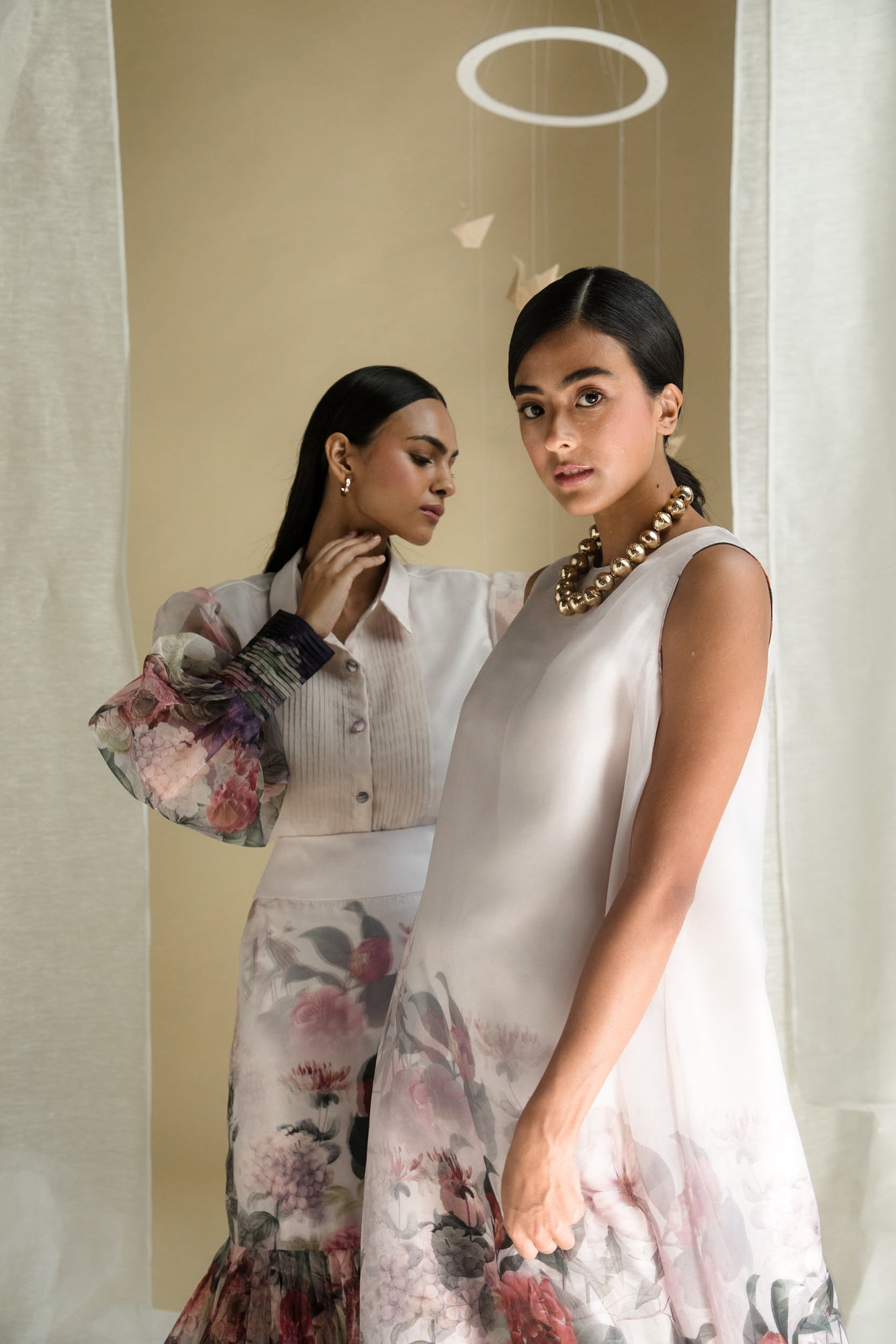Elegant handcrafted organza dress in a flowing silhouette, showcasing NJ3 Atelier's luxury craftsmanship with exquisite detailing