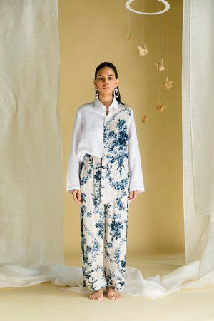 Elegant blue co-ord set in premium handloom fabric, showcasing NJ3 Atelier's artisan craftsmanship and luxurious womenswear design