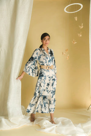 Elegant blue handloom dress with flowing silhouette, showcasing NJ3 Atelier's luxury artisan craftsmanship in premium womenswear