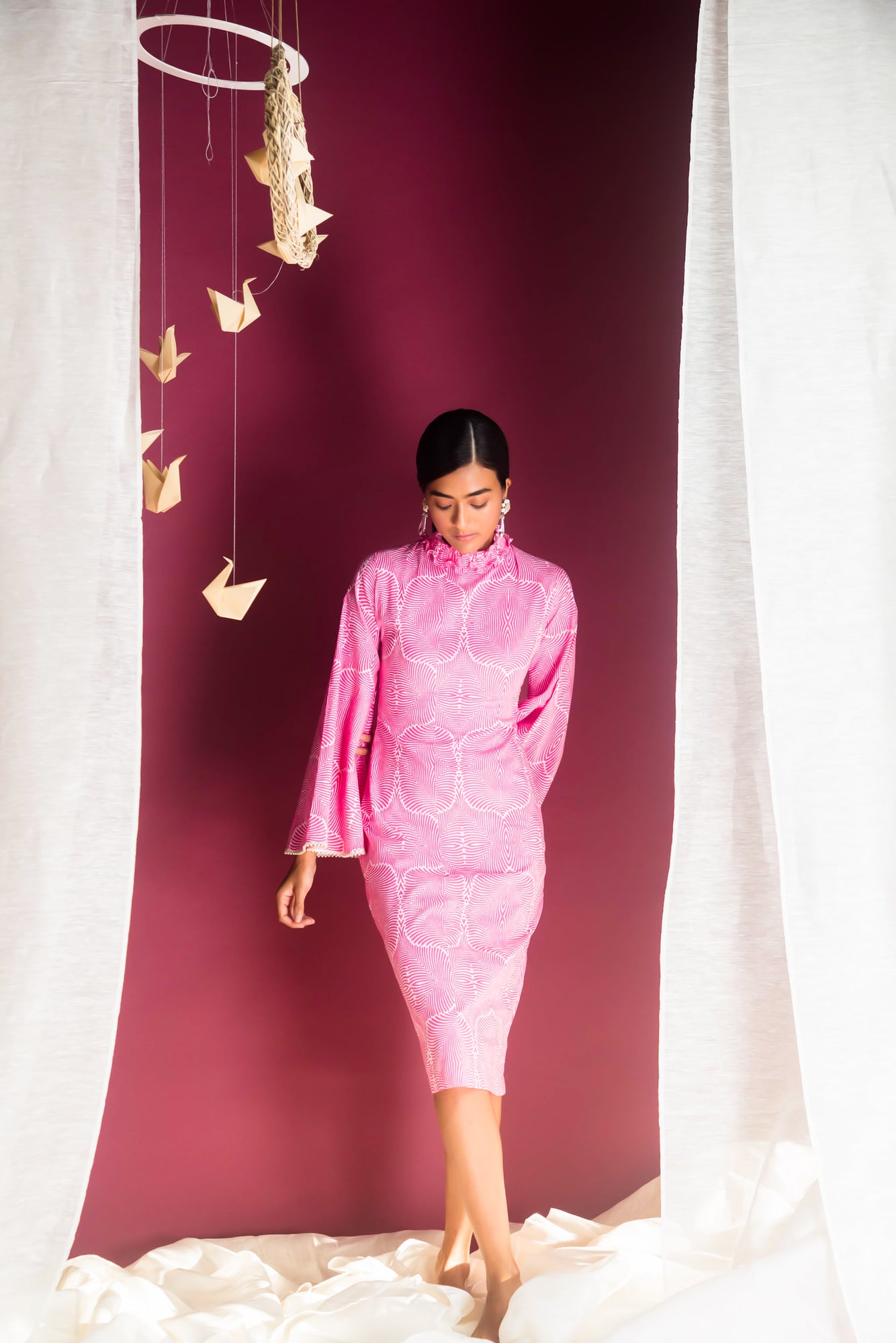 Elegant handcrafted Azalea Midi Dress in vibrant silk, showcasing a flowing silhouette, epitomizing luxury womenswear by NJ3 Atelier