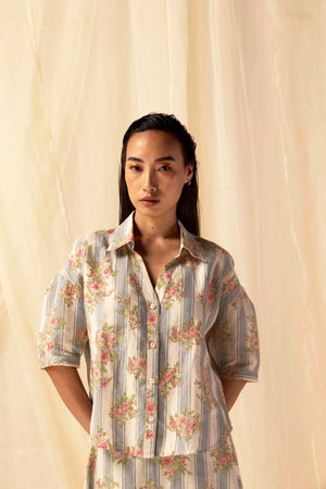 Elegant handloom Fleurline shirt in rich, deep navy, showcasing premium fabric and exquisite artisan craftsmanship for luxury womenswear