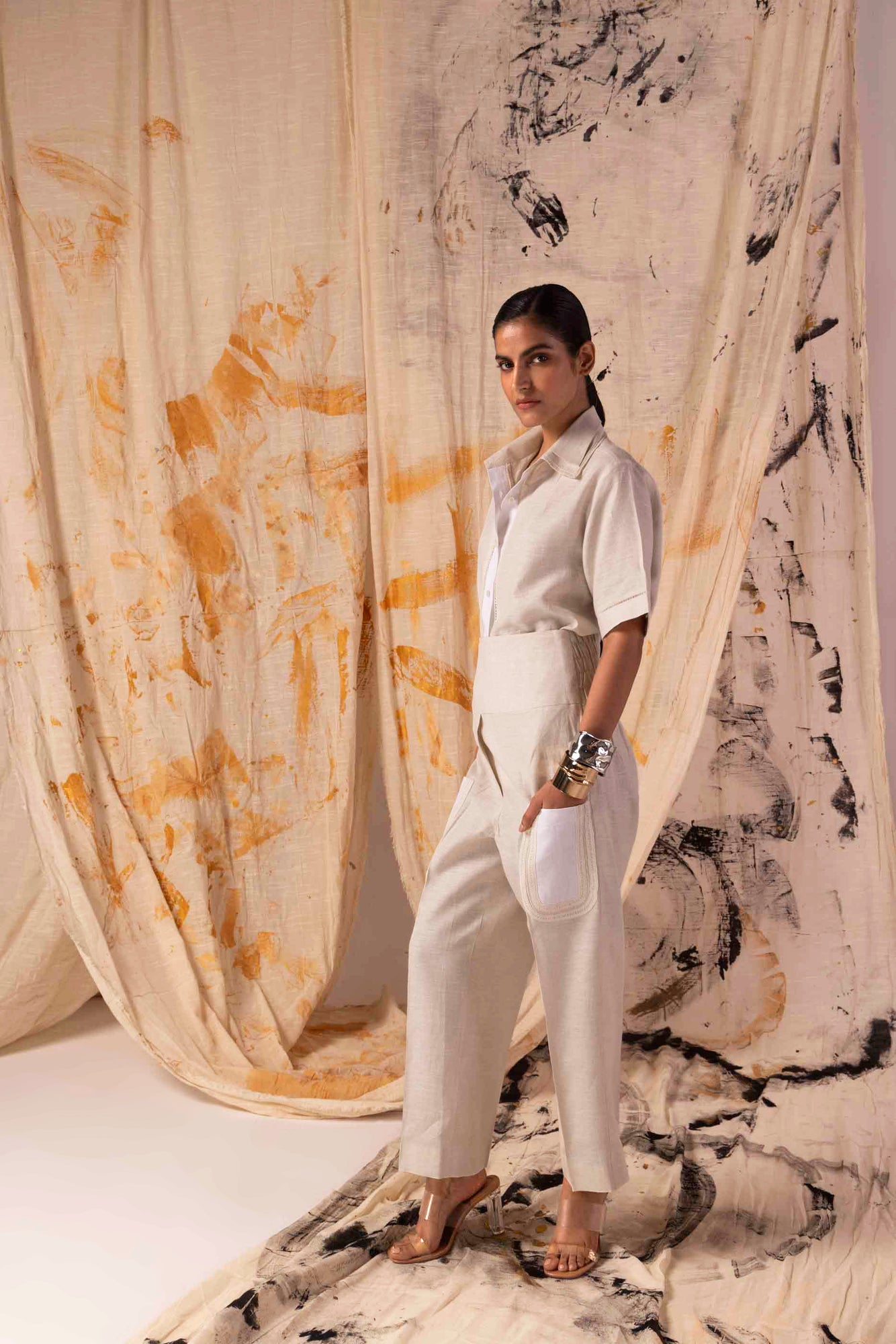 Almondine lace co-ord set in soft handloom fabric, showcasing intricate artisan-crafted lace detailing and elegant silhouette
