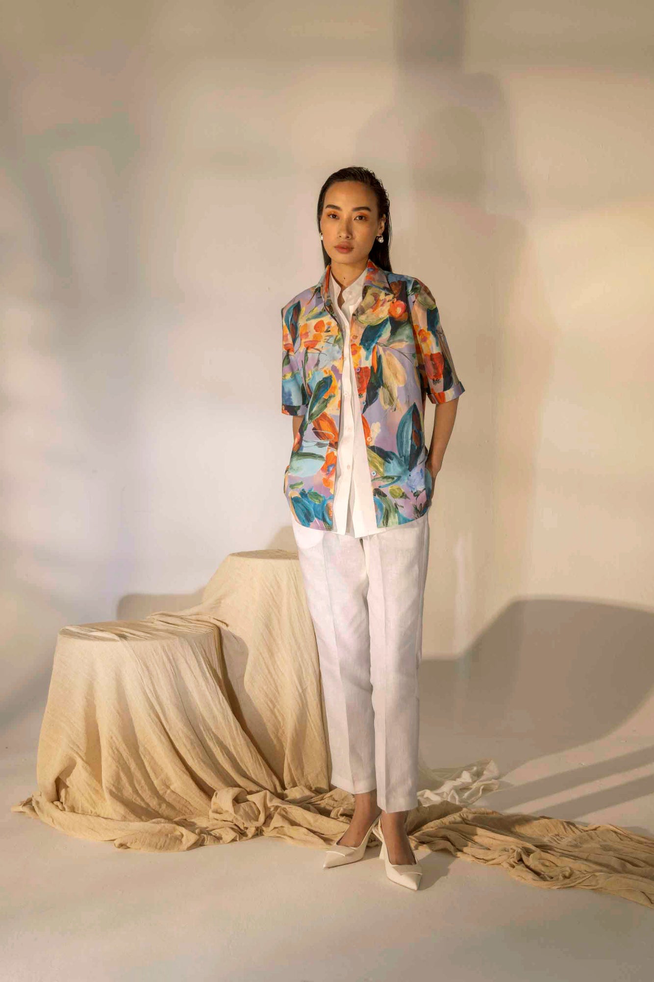 Elegant dual-layer shirt with millefleur pattern, handcrafted from premium fabric, exemplifying luxury womenswear by NJ3 Atelier