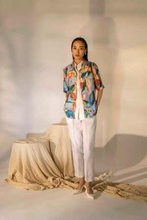 Elegant dual-layer shirt with millefleur pattern, handcrafted from premium fabric, exemplifying luxury womenswear by NJ3 Atelier