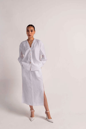 Luxurious handloom women's coordinate set in premium fabric, showcasing elegant silhouette and artisan craftsmanship, by NJ3 Atelier