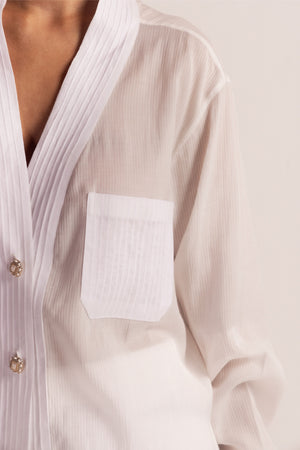 Elegant Valencia Tuck Shirt in soft handloom fabric, showcasing a refined silhouette with delicate artisan-crafted details