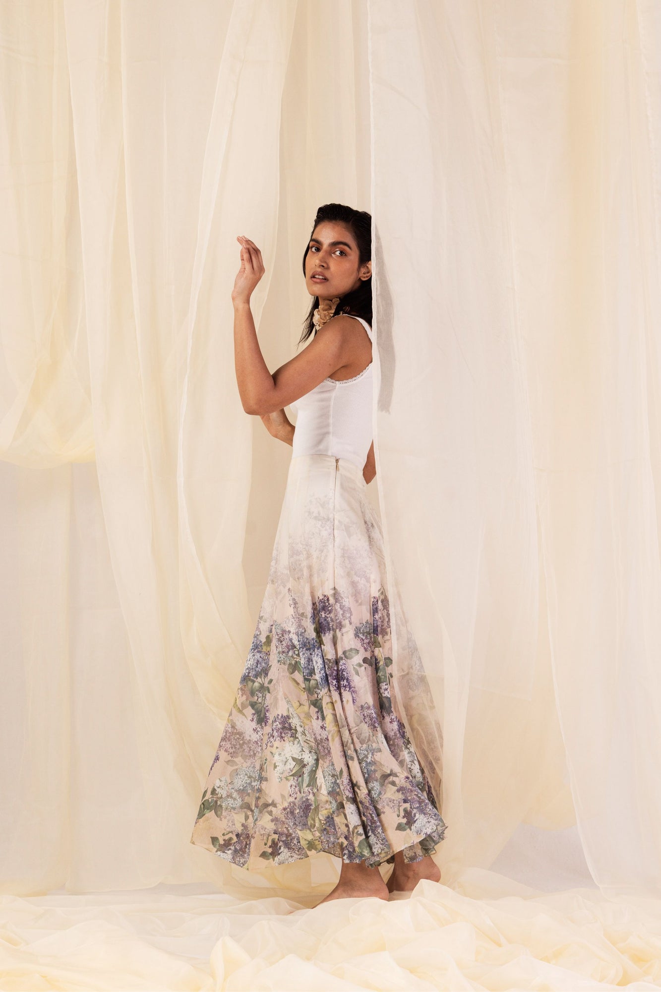 "Vibrant handloom Hydra Hues Flow Skirt in premium fabric, showcasing artisan craftsmanship and luxury womenswear elegance."