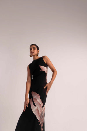 Dark Ember dress showcasing exquisite hand embroidery on premium fabric, highlighting artisan craftsmanship in luxury womenswear