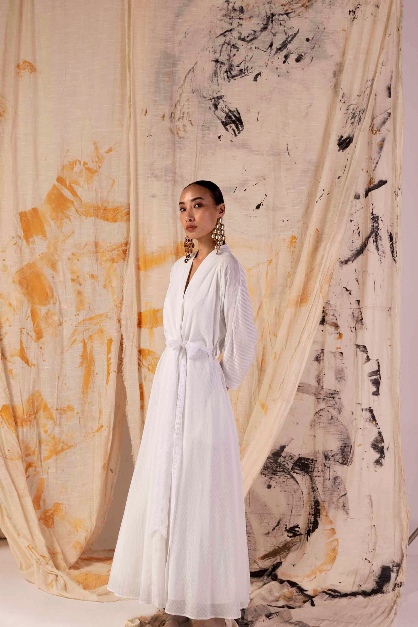 Elegant Valencia Stripe Lacy Dress in premium handloom fabric, showcasing artisan craftsmanship and luxury womenswear design