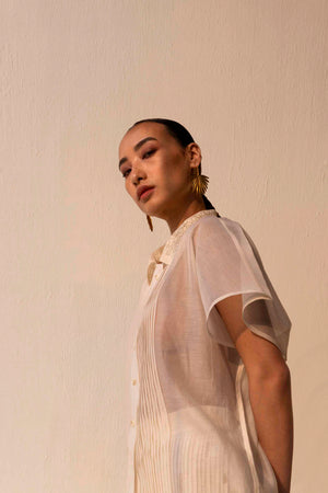 Elegant lace sheer shirt in premium handloom fabric, showcasing intricate artisan craftsmanship and luxury womenswear design