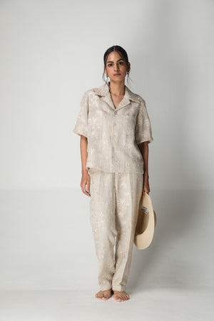 Handcrafted cornsilk co-ord set in premium fabric, showcasing luxury womenswear with an artisan touch and elegant silhouette