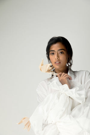 Close-up of the Boketto Garlic Shirt showcasing its handloom texture and premium fabric, epitomizing luxury artisan womenswear
