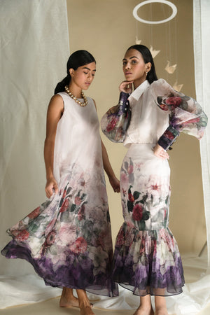 Elegant handloom organza skirt in vibrant hues, showcasing NJ3 Atelier's luxury craftsmanship and artisan detailing