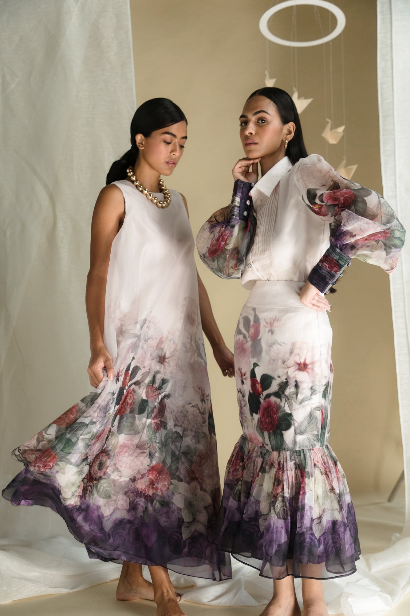 Elegant bouquet organza shirt in soft pastels, showcasing handcrafted details and premium fabric, epitomizing luxury womenswear by NJ3 Atelier