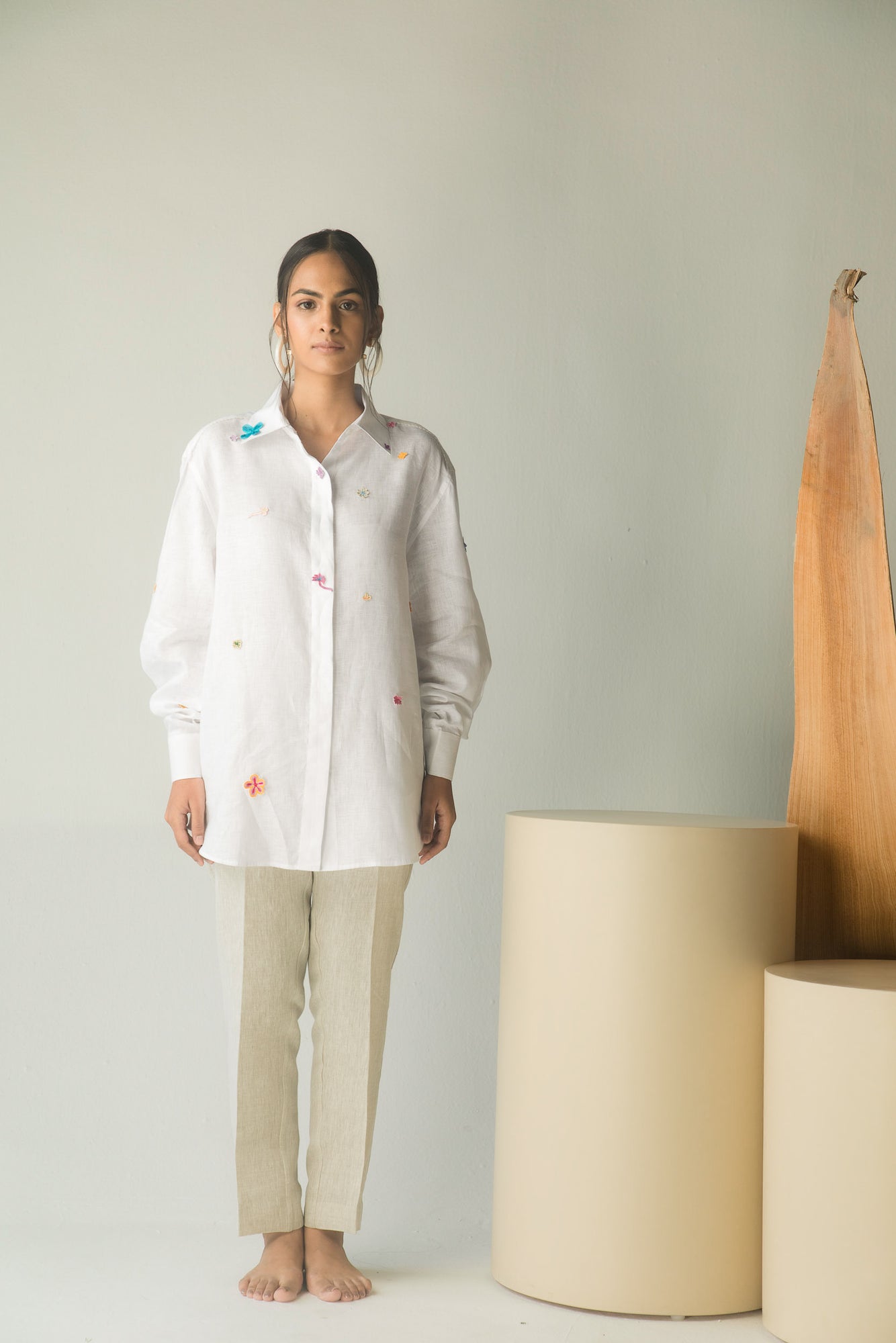 Handcrafted luxury women's shirt in premium fabric, featuring an elegant doodle dot pattern, showcasing NJ3 Atelier's artisan craftsmanship