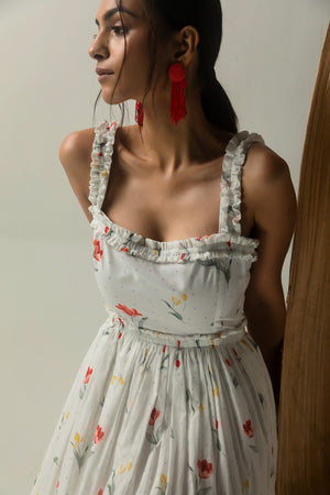 Elegant Gardenia Midi Dress in handloom fabric, showcasing a refined silhouette with intricate artisan details, epitomizing luxury womenswear