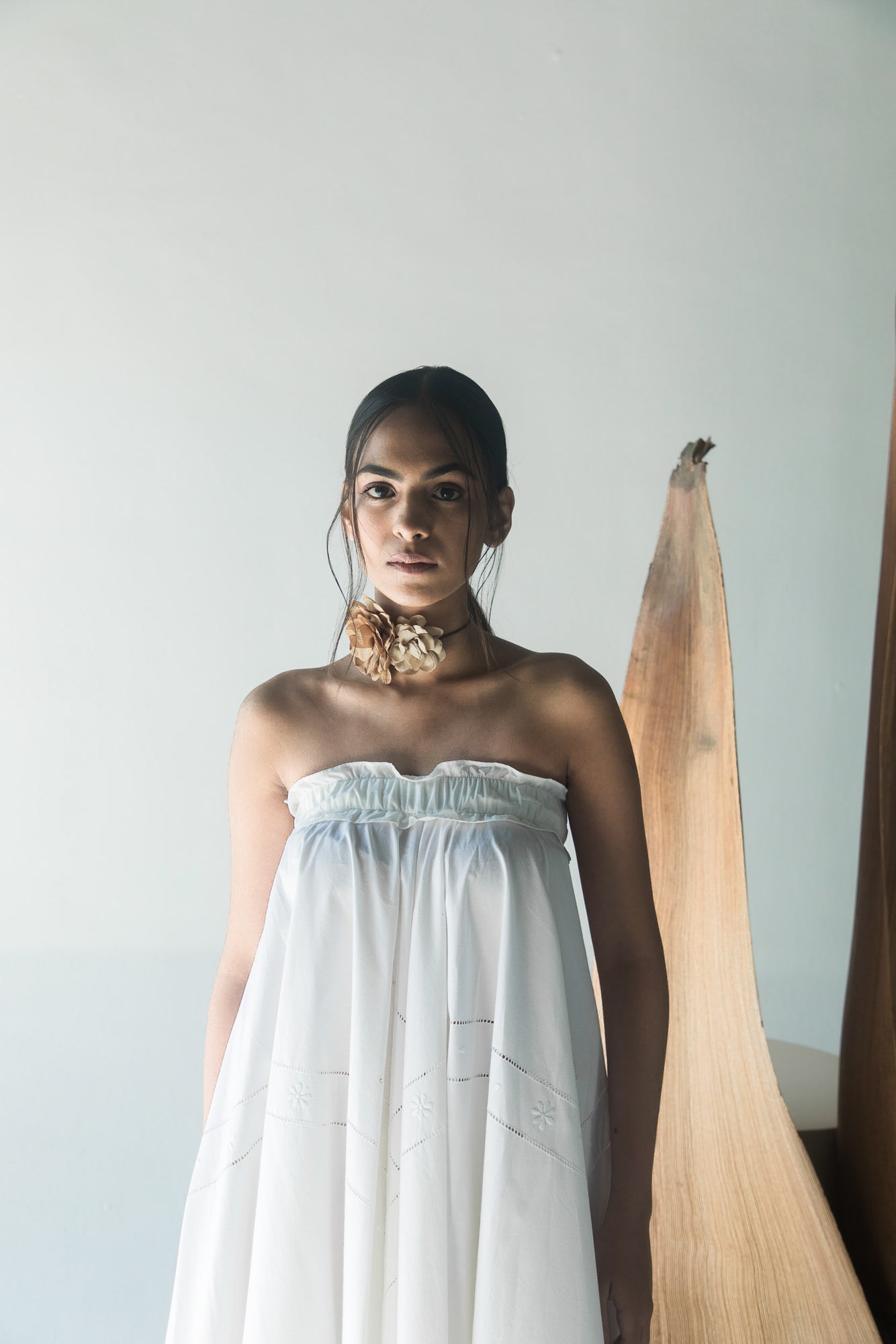 Elegant handloom paper skirt in soft hues, showcasing artisan craftsmanship and luxurious drape, epitomizing NJ3 Atelier's premium womenswear