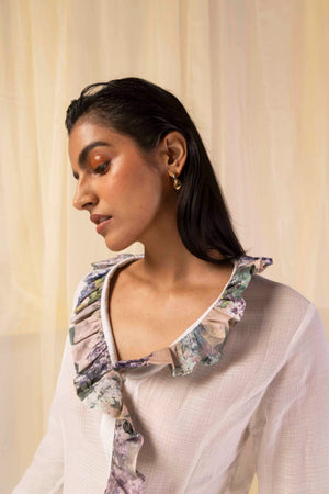 Elegant Valencia Hydra Hues ruffle shirt in premium handloom fabric, showcasing a sophisticated silhouette with artisan-crafted details