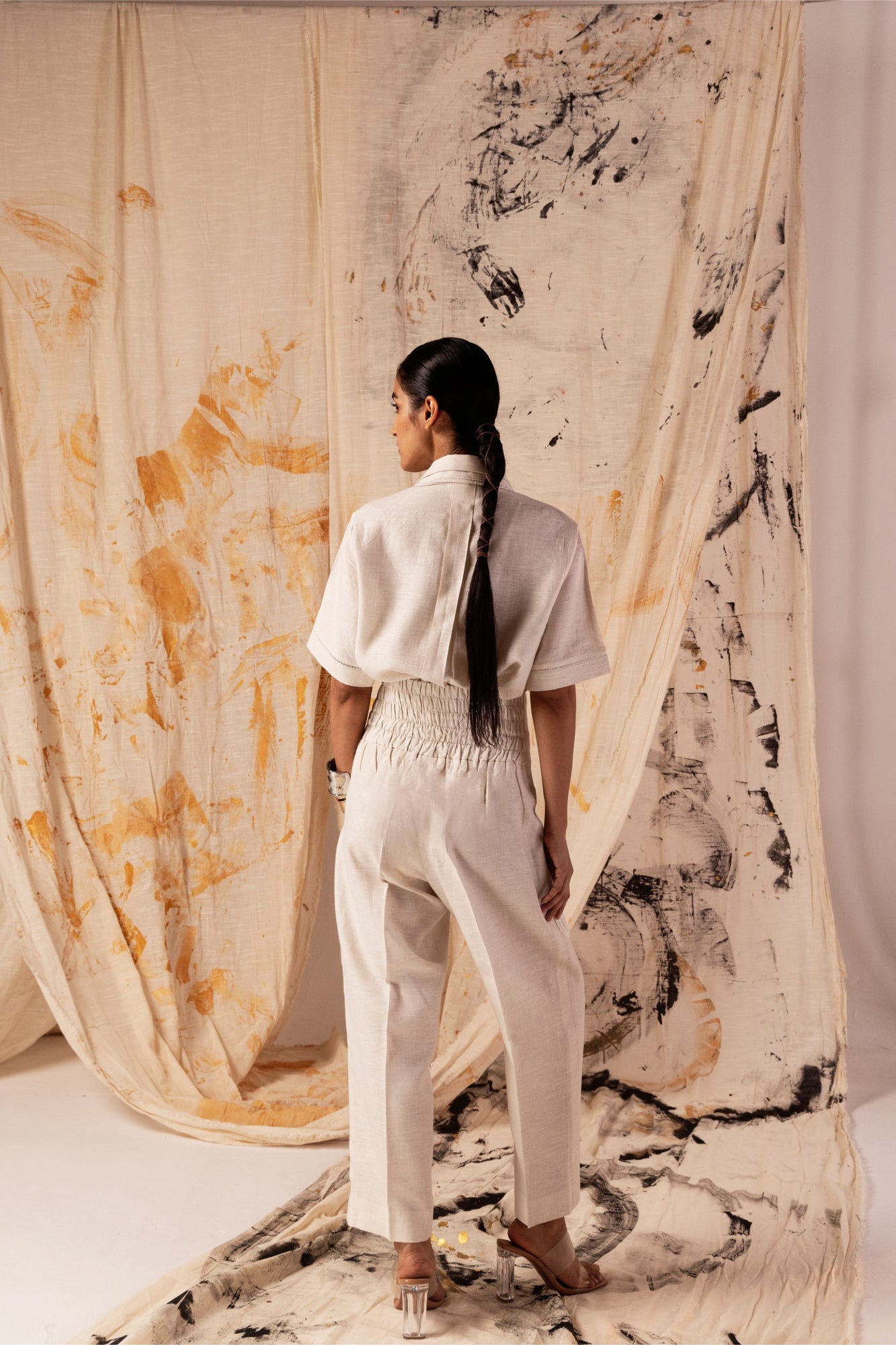 Exquisite almondine lace co-ord set in premium handloom fabric, showcasing luxury womenswear with artisan-crafted elegance