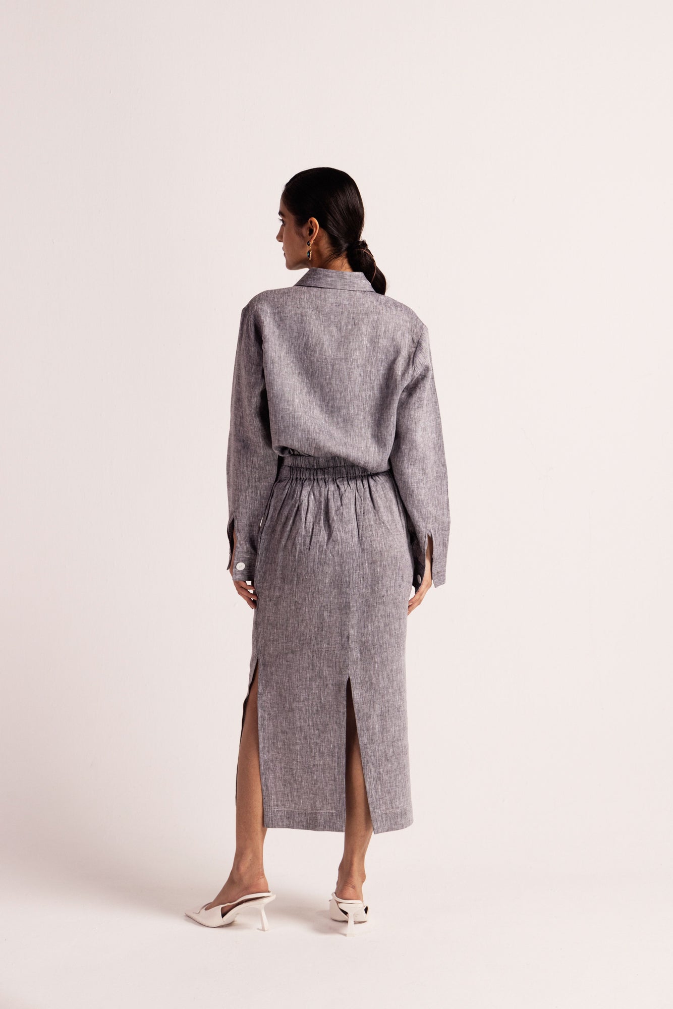 Elegant misty grey women's coord set, showcasing premium handloom fabric and a refined silhouette, epitomizing luxury womenswear