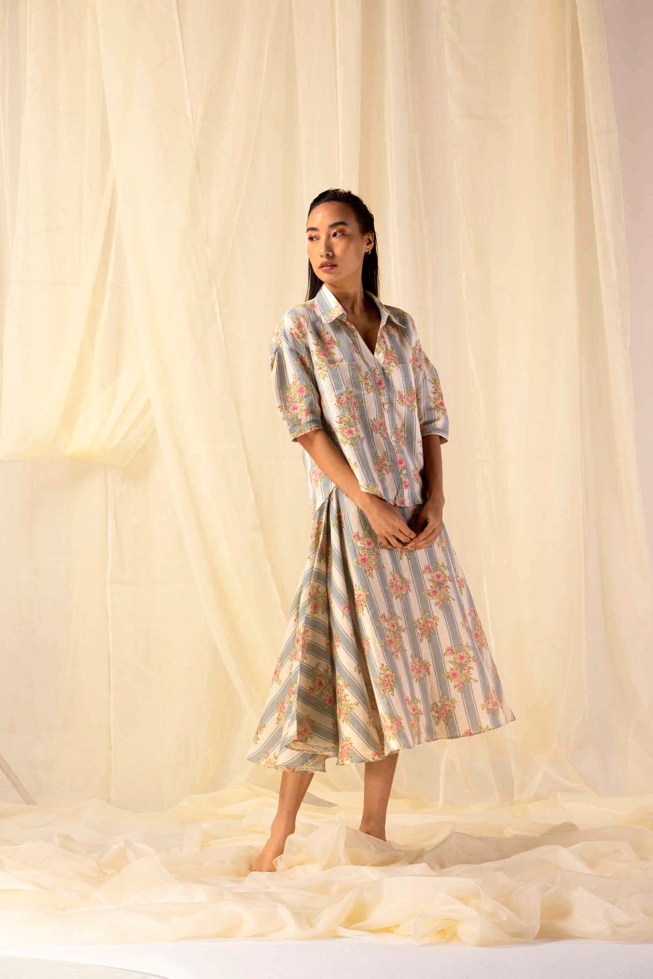 Luxurious handloom circular skirt in rich hues, showcasing NJ3 Atelier's artisan craftsmanship and premium fabric elegance