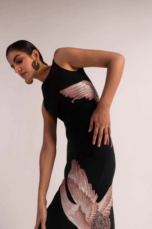 Dark ember dress in rich hues, showcasing intricate hand embroidery on premium handloom fabric, epitomizing luxury womenswear