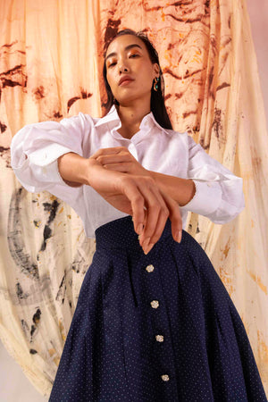 Azure dot pearl skirt in premium handloom fabric, showcasing elegant flow and artisan craftsmanship, epitomizing luxury womenswear