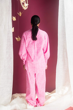 Azalea pink co-ord set in premium handloom fabric, showcasing refined tailoring and luxurious design, epitomizing NJ3 Atelier's elegance