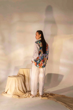 Luxurious handcrafted millefleur coord set in premium fabric, showcasing intricate floral patterns and elegant silhouette for refined womenswear