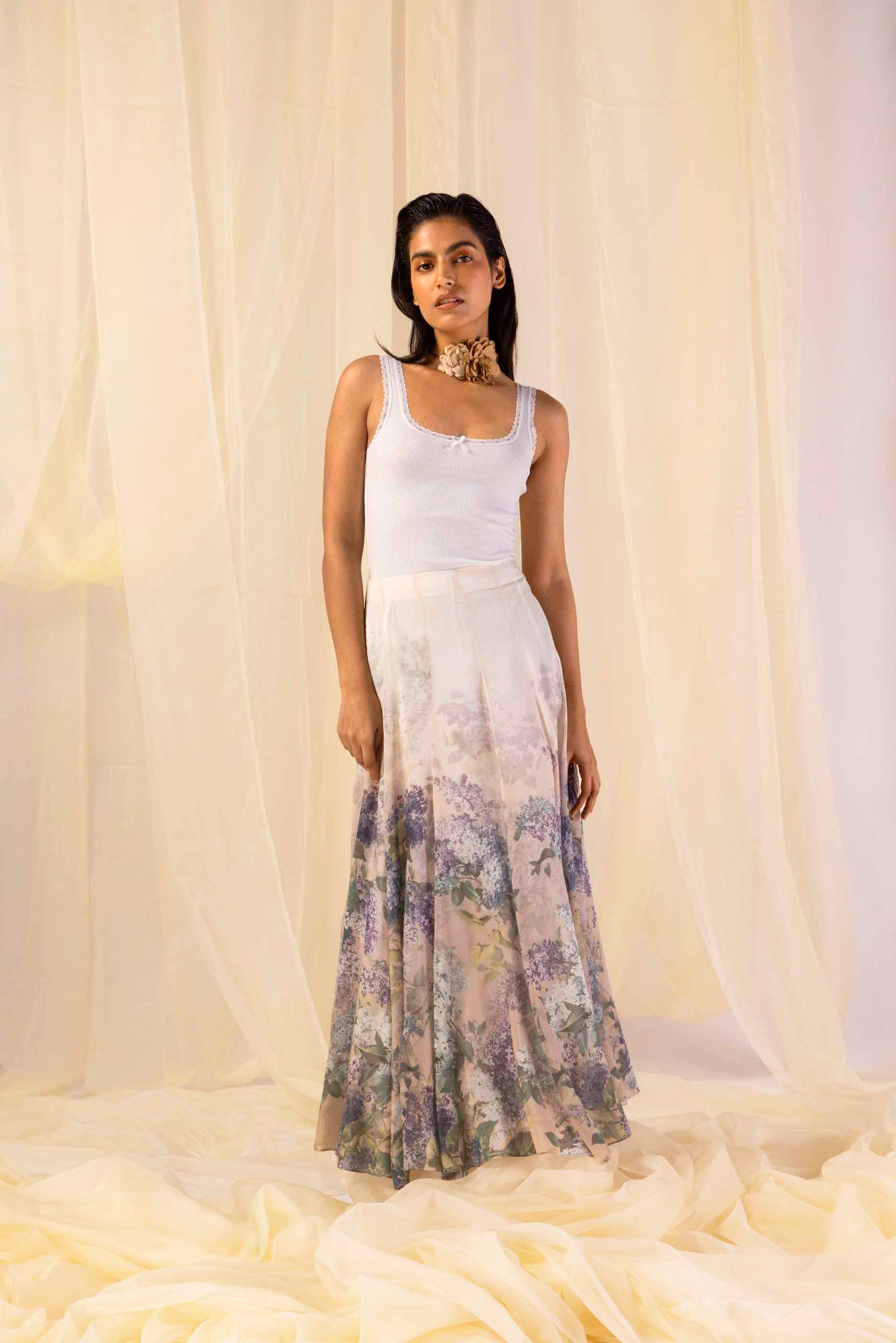 Luxurious handloom skirt in vibrant hues, showcasing a flowing silhouette and exquisite artisan craftsmanship for premium womenswear